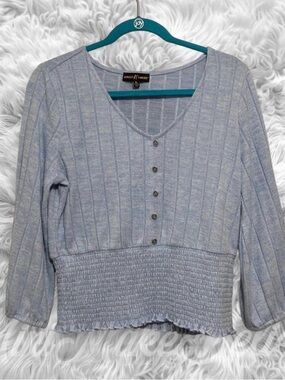 Almost Famous Pale Blue Ribbed Button-Front Smocked Hem Long Sleeve Top Size XL